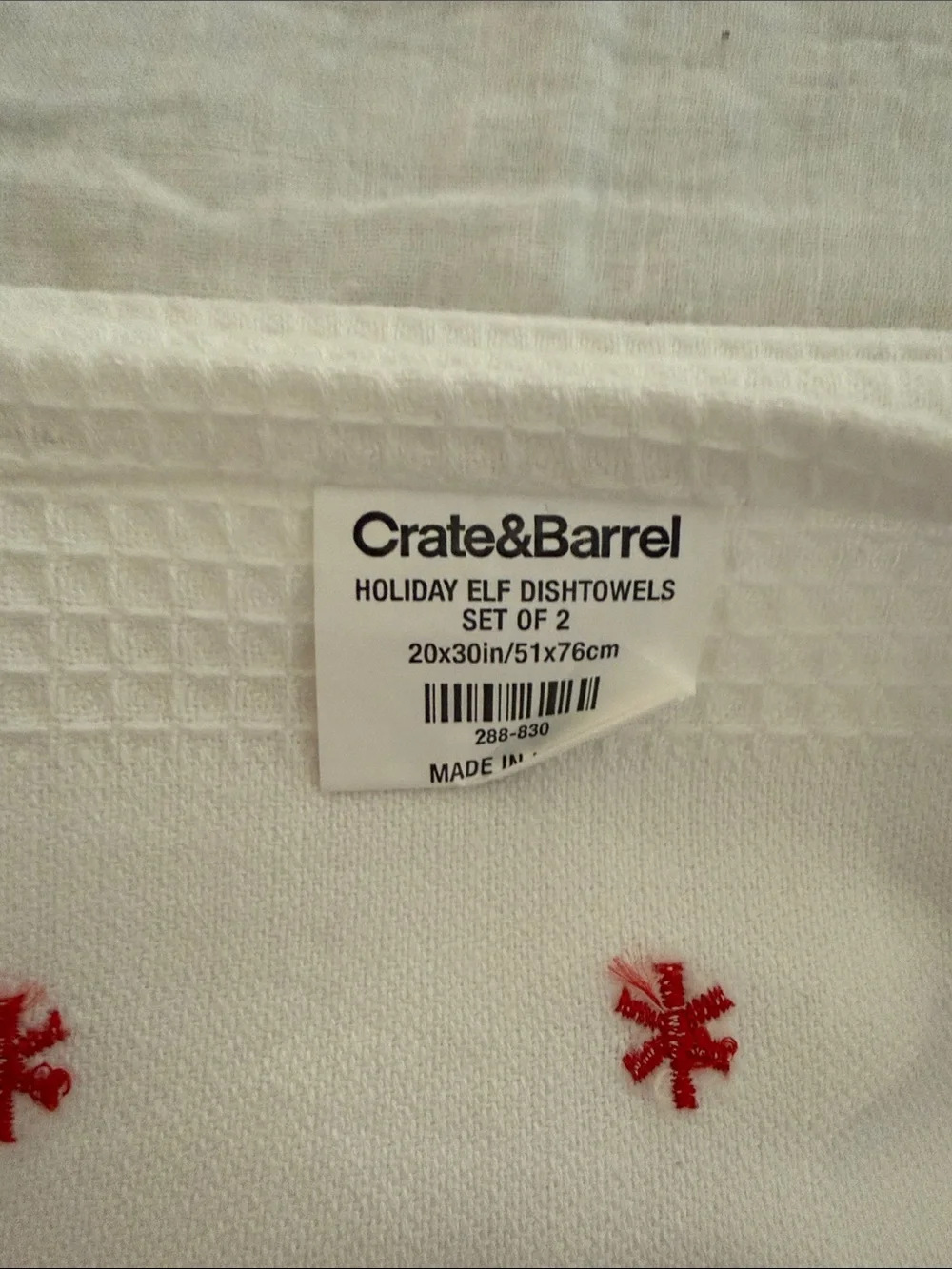Set of 2 Crate&Barrel White Holiday Elf Tea Towel with Red and Green Embroidery